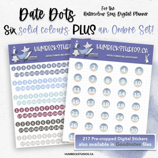 Date Dots - Round Number Stickers - Watercolour Seas Collection