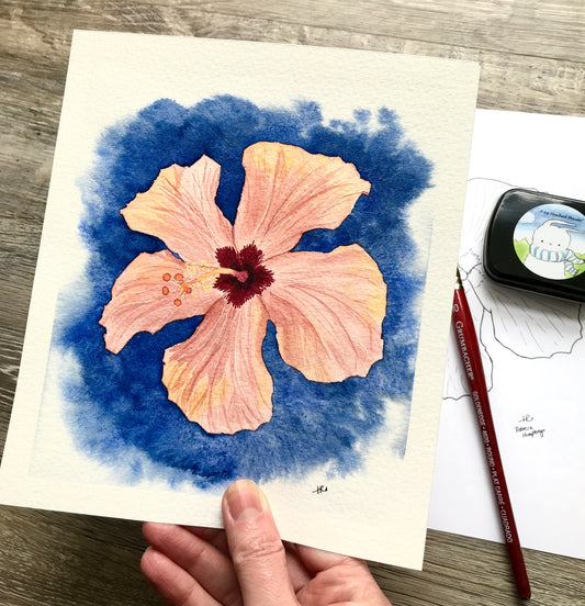 Hibiscus Bloom Watercolour Painting Template, Printable Drawing Guide PDF