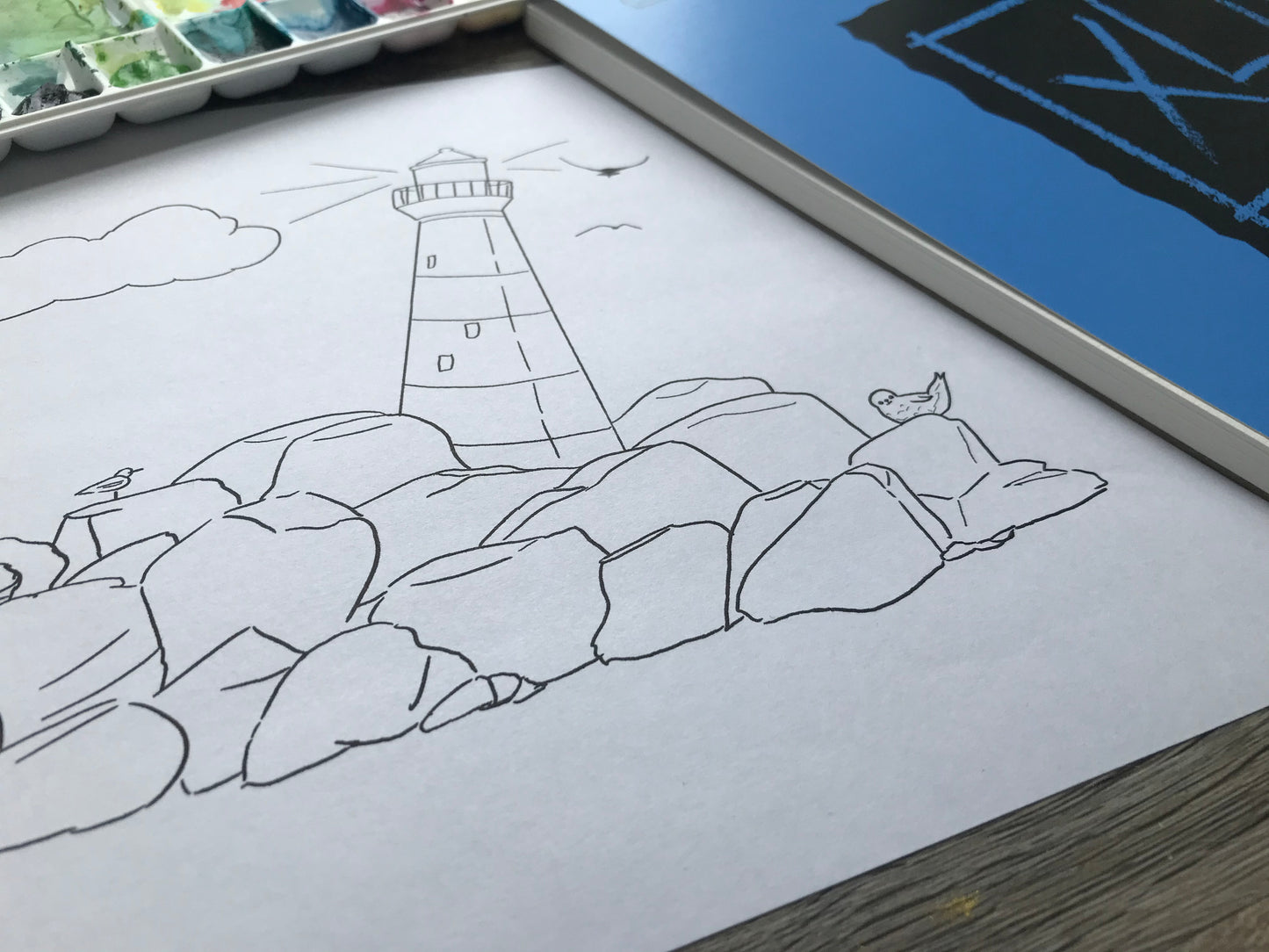 Rocky Lighthouse Watercolour Template, Digital Download PDF