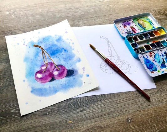 Cherry Trio Watercolour Template, Printable Painting Guide PDF