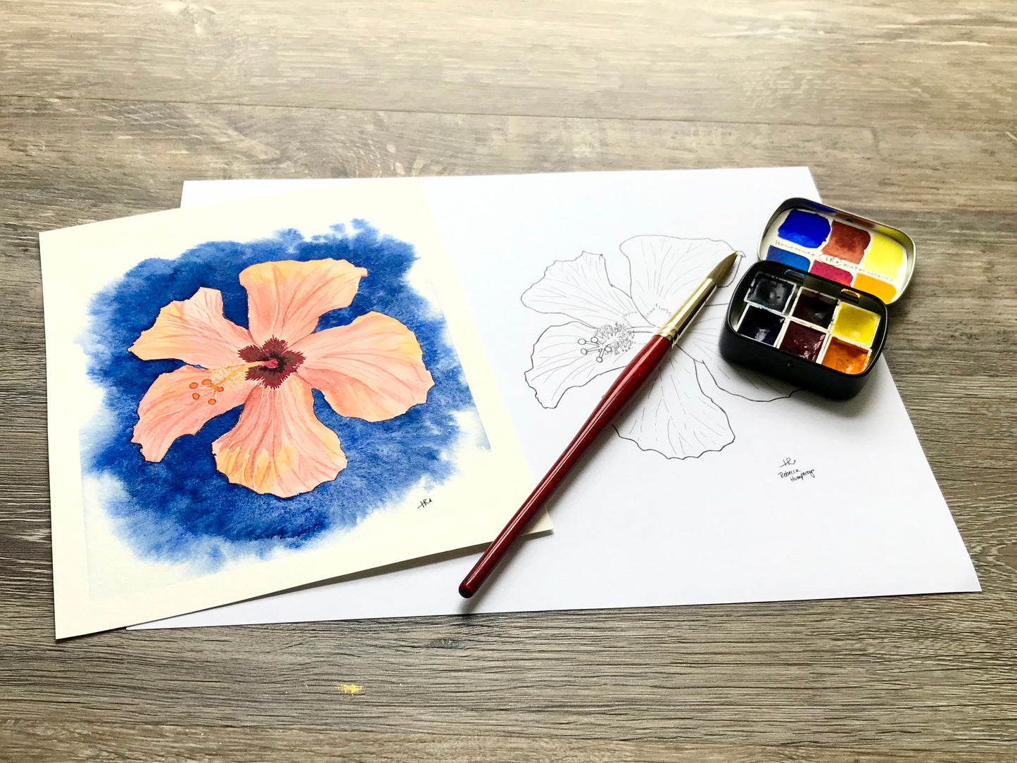 Hibiscus Bloom Watercolour Painting Template, Printable Drawing Guide PDF
