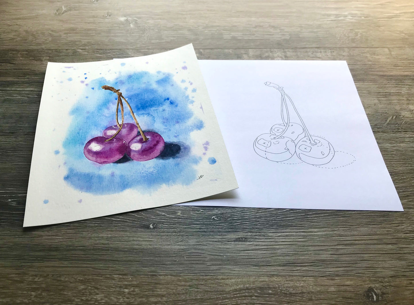 Cherry Trio Watercolour Template, Printable Painting Guide PDF